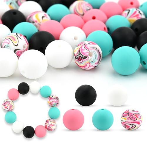 Embhlitfe 50 Pcs Multicolored 150 mm Round Silicone Craft Bead Set with 10 m Elastic Rope for Bracelet, Keychain Making