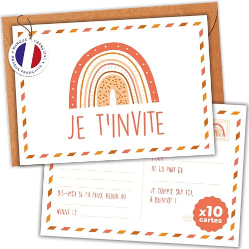 aliceandberry Einladungskarten Geburtstag Regenbogen - 10 Karten + 10 Umschläge - Design Terracotta beige - vorgefüllte Felder - Kinder Mädchen Junge 5-11 Jahre