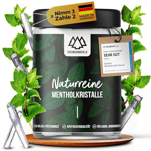 NORDHOLZ® Mentholkristalle [50gr] für Sauna in Premium Qualität aus 100% Minzöl - Befreit die Atemwege und sorgt für intensiven Duft in der Sauna - Sauna Zubehör (200gr. Tiegel)
