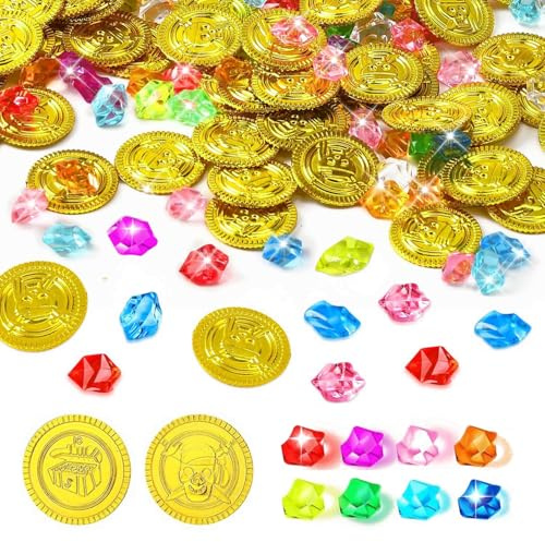 Canollo 150 Stück Piratenschatz Goldmünzen Set, Mit 50 Stück Piraten Goldmünzen und 100 Stück Edelsteine für Kinder, Acryl Goldtaler Diamanten Piratenschatz, für Piraten Deko Kindergeburtstag