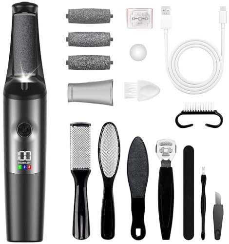 Electric Foot File Hard Skin Remover, Rechargeable Waterproof Callus Remover for Feet with 3 Replacement Rollers ＆ 3 Speeds, Professional Pedicure Tool Set for Dry Dead Skin Cracked Heels (Black)