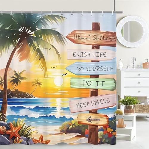 GCIREC Duschvorhang, 180x200cm, Sommer Tropischer Strand Thema Ozean Palme Wasserdichter und schimmelresistenter Stoff Badezimmervorhang Maschinenwaschbar mit Häkchen