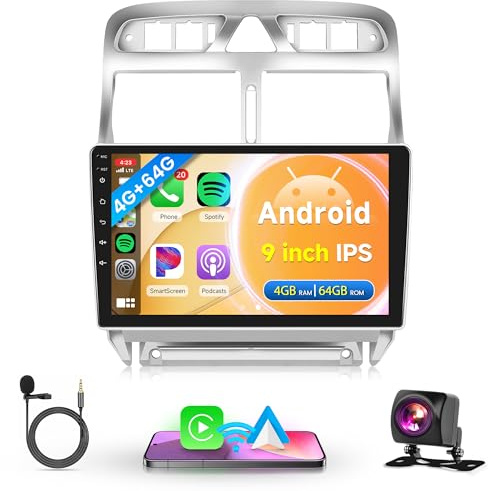 4G+64G Senza Fili Carplay Android Radio de Coche para Peugeot 307 307CC 307SW 2002-2013 9 Pulgadas Radio Coche con Android Auto GPS Navi WiFi Mirror Link Bluetooth FM/RDS/32 EQ/USB/SWC Cámara Trasera