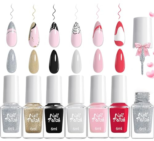 6pcs Nail Polish Liner - Quick Dry Nail Varnish with Thin Brush - 3D Effect French Tip Nail Polish - DIY Painted No UV Needed Nail Art Kit Gift for Girls