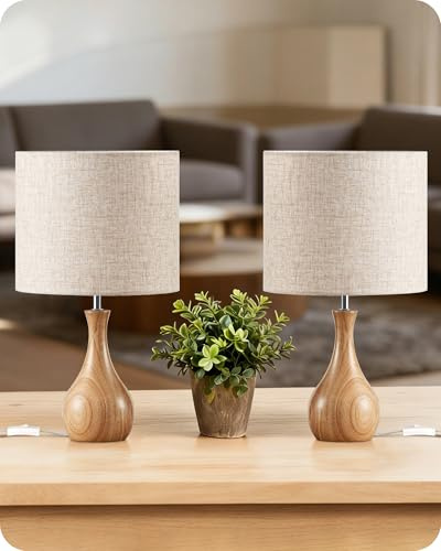 GOEBLESON Bedside Lamps Set of 2, Wooden Table Lamp for Living Room Bedroon | Small Table Lamp with Beige Lampshade, Night Lamp with E27 Base, 2700K LED Bulb Included, Warm Light for Entryway, Office
