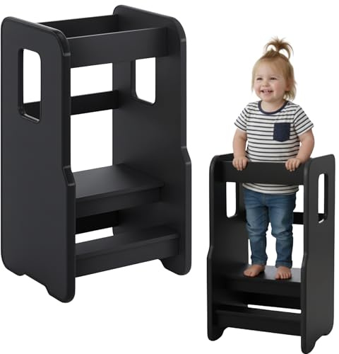 ComfortCove Montessori Lärtorn, Montessori Stol, Svart | Lärningstorn, Köksstegspall för Barn, Lärtorn, Träfotsteg, Justerbar Höjd i 3 Lägen