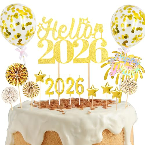 Gleevio 17 Stück 2026 Tortendeko Happy New Year mit kerze 2026,Cake Topper Happy New Year 2026,Tortendeko Silvester 2026,Neujahr Kuchendeko 2026,Hello 2026 Cupcake Topper,Silvester Deko 2026
