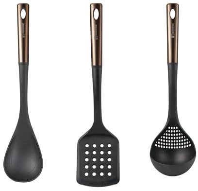 Bergner Copper Set of 3 Slotted Spatula, Spoon and Ladle in Black and Copper PBT