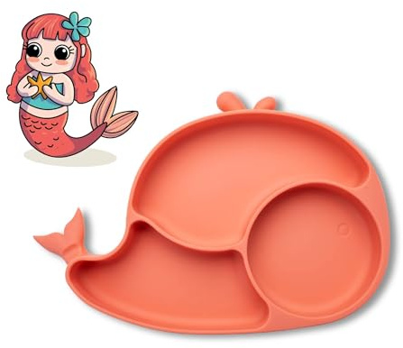 Fackelmann Piatto Silicone Bambini con Ventosa – Vassoio Pappa Antiscivolo con Scomparti, Silicone Alimentare Balena per Neonati e Bimbi, Microonde e Lavastoviglie