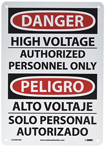 NMC ESD684AB Zweisprachiges OSHA-Schild, Legende Danger - High Voltage Authorized Personal Only, 25,4 cm Länge x 35,6 cm Höhe, 0,040 Aluminium, Schwarz/Rot auf Weiß