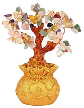lachineuse - Arbre Feng Shui 5 Élements - Arbre de Fortune 17 cm - Décoration Asiatique Japonais - Arbre de Fortune avec Support Doré - Déco Asiatique Pierres Précieuses - Objet Japonais Zen
