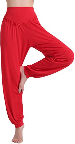 HOEREV Marke Super weiche Modal Spandex Harem Yoga Pilates Hosen, Gr.-3X-Large,Rot