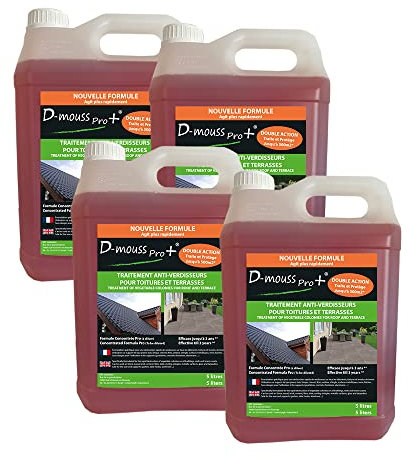 D-MOUSS PRO Démoussant Concentré Bidon 4x5L jusqu'à 2 000 m², Anti-Verdissure et Anti-Dépots Verts, Usage Multi Support (Toiture, Terasse, Façade, Pavé)