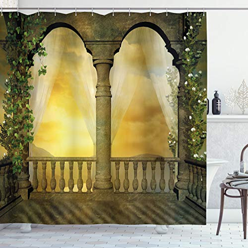 ABAKUHAUS Fantasie Duschvorhang, Mystic Fairytale Art, Stoffliches Gewebe Badezimmerdekorationsset mit Haken, 175 x 180 cm, Sepia Senf
