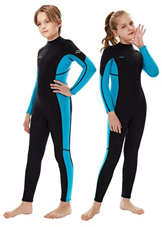 Hevto Wetsuits Kids 3/2mm Neoprene Full Wet Suit Thermal Children Boy Youth Girl for Swimming Water Sports (K01-Blue, 14)
