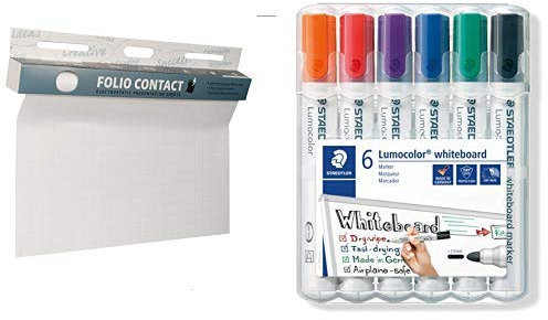 Folio Contact Flipchart: die patentierte elektrostatische Flipchartfolie & Staedtler Lumocolor 351 WP6 Whiteboard-Marker, Rundspitze ca. 2 mm Linienbreite, Set mit 6 Farben