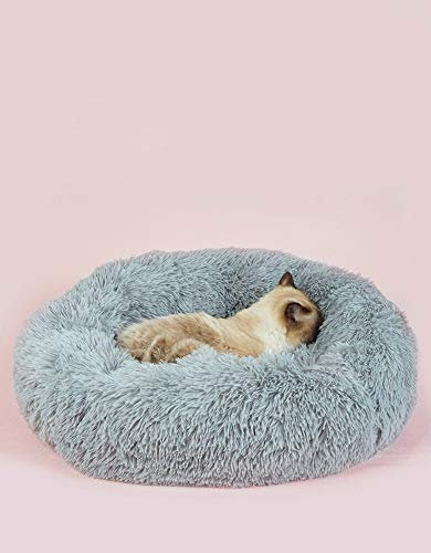 Deluxe Dog Bed Nesting Cave Raised Rim Pet Cushion with Removable Cover Washable Shag Fuax Fur Cat Basket for Small Medium Large Dog, Light Grey XL
