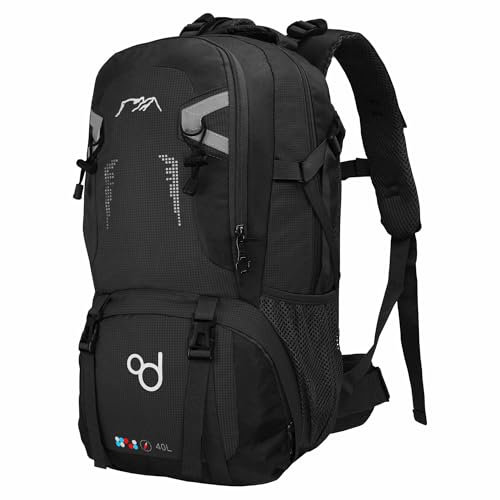 OcioDual Mochila Senderismo 40 Litros, Mochila Trekking, Montaña y Camino de Santiago, Multifuncional, Ligera, Mochilas Hombre para Camping, Acampada, Marcha Nórdica, Supervivencia, Negro