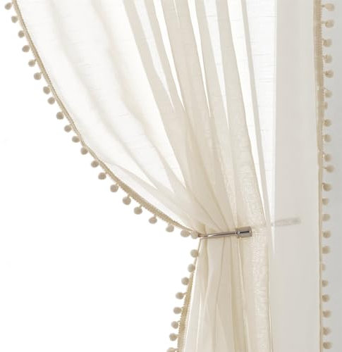 Treatmentex Transparente Vorhänge aus Leinen mit Pompon-Motiv für Wohnzimmer, 213,4 cm lang, dekorativer natürlicher Fenstervorhang für Kinderzimmer, strukturierter Voile, 132,1 cm breit, 1 Paar