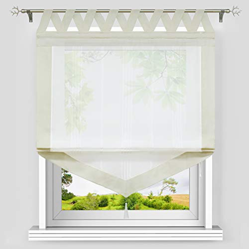 Heichkell Dreieckiges Raffrollo mit V-Schlaufen Halbtransparente Raffgardine Längstreifen und Quaste Moderner Gardinenstore Dreiecke Borte Schlaufenrollo Beige B/H 100/140cm