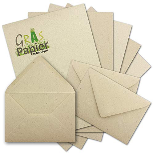 50x ÖKO Briefpapier DIN A4 mit Briefumschlägen DIN C6 aus Graspapier - Recycling Papier 120 g/m² - Umwelt Bastelpapier für Einladungen oder Briefpost - Glüxx Agent