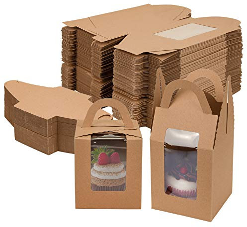 Jucoan 100 Pack Cupcake Box, Kraft Paper Individual Cupcake Container with Window and Handles, Bulk Single Cupcake Packaging Box for Muffin, Cocoa Bomb, Party Favor Pastry Treat Boxes