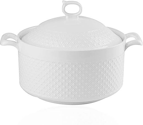 Zuppiera in porcellana con coperchio, 2,4 litri, colore bianco puro, ovale, per servire zuppa per ristorante, vita sottile, graziosa copertura in ceramica, colore bianco