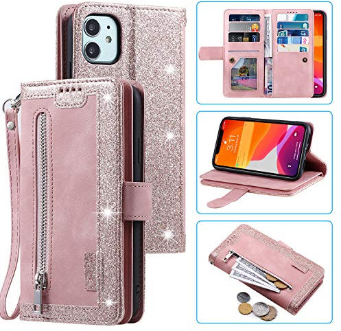 UEEBAI Wallet Case for iPhone 12 mini 5.4 inch, Retro 9 Card Holder Slots Zipper Pocket Handbag Case PU Leather Magnetic Closure Kickstand with Wrist Strap TPU Shockproof folio Case - Rose Gold