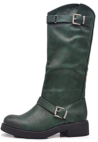 IF Fashion Scarpe Stivali da Donna Al Polpaccio Biker Motociclista Con Fibbie Anfibi YG883 verde N.37