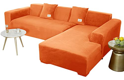 JHLD Sofabezug L Form, Stretch Sofabezug Samt L-förmiger Sofabezug Weiche Anti-rutsch Sofa Überwürfe Für Ecksofa-Orange-3 Sitzer+4 Sitzer