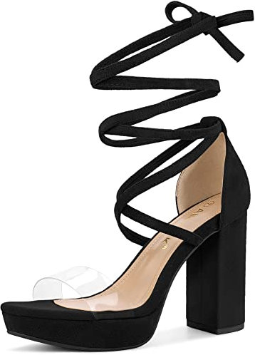 Allegra K Sandalias de tacón Grueso con Cordones y Plataforma Transparente para Mujer Negro 39