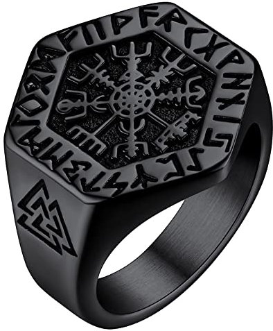 FaithHeart schwarz herren ring Punk Retro Viking Style Kompass Fingerring Skandinavischer Rune Ring in Größe 54.4 Wikinger Fingerring für Weihnachten Geburtstag