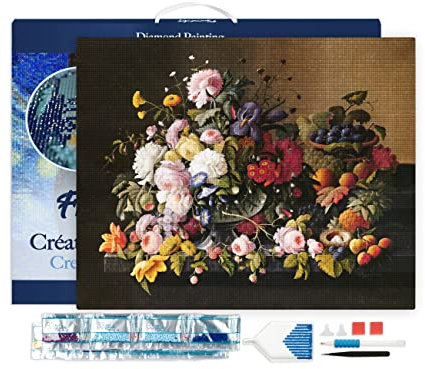 Figured'Art Diamond Painting Erwachsene 40x50cm Mit Rahmen Ganze Leinwand gespannt Blumen und Obst Severin Roesen 5D Bilder Eckige Steine - DIY Set Basteln
