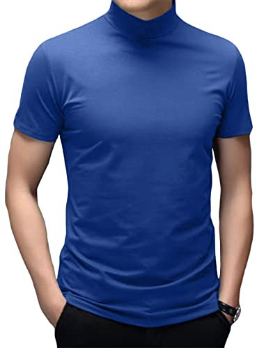 Mens Turtleneck Short Sleeve T Shirt Cotton Mock Neck Shirts Turtleneck Sweater Basic Stand Collar Tops Bright Blue, XL