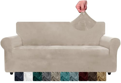 XINEAGE Samt Sofaüberzug 3 Sitzer, Stretch Sofa überzug für Wohnzimmer, Dicke Weiche Sofaüberwurf, Rutschfester Sofa Cover für Hunde, Haustiere (3 Sitzer, Khaki)