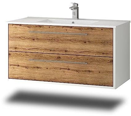 Stil.Zeit Evelia Badmöbel inkl. Waschbecken | Waschtisch mit Unterschrank 100.5 cm | Weiß/Dekor Eiche Sonoma| Metallgriffe/hängend