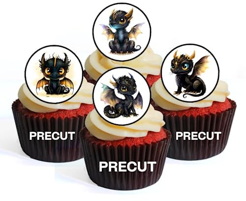 Black Dragon Edible Cupcake Toppers – Mystical Fantasy Cake Decorations for Birthdays & Magical Parties SWEETENED - wafer card cake decorations – PRECUT 4cm/1.5 Inch Discs (Pack of 12)