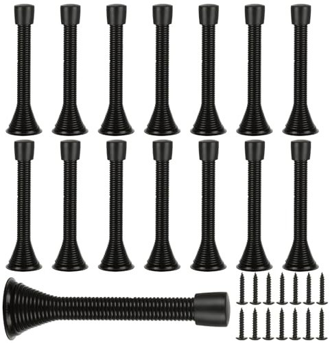 DAJAVE 15 Pack 85mm Spring Door Stoppers Black Spring Door Stop Metal Door Stops for Walls Skirting Indoor, with Anti-Slip Rubber Heads Screws Base