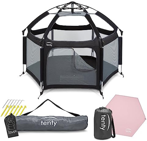 tenty Baby Pop-Up Laufgitter Set für drinnen und draußen - 150 x 100 cm - mobiler Laufstall mit Tragetasche, UV-Dach und Bodenmatte - für zuhause, Reisen, Camping (Schwarz/Rosa)