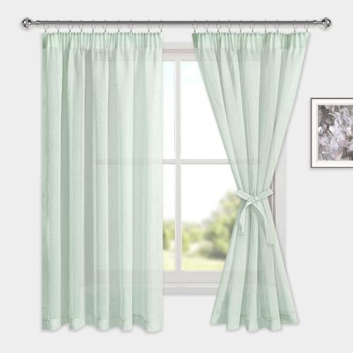 DWCN Voile Vorhänge mit Kräuselband Leinenoptik 2 Stücke Halbtransparent Vorhänge für Wohnzimmer,Durchsichtige Gardinen, Grün, 175x140cm (Höhe x Breite)