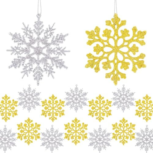 Ywwltt Flocons de Neige Décoration, Flocon de Neige Argent Paillettes, Flocon de Neige Decoration,Ornements de Flocon de Neige Scintillantes pour Arbre de Noël fenêtre Décoration (Or+Argent)