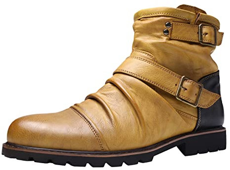 Scarpe da Uomo Stivali Alti in Pelle Stivali Corti con Cerniera Laterale plissettati con Fibbia per Cintura Vintage Scarpe da Lavoro Ammortizzate (Yellow, 45)