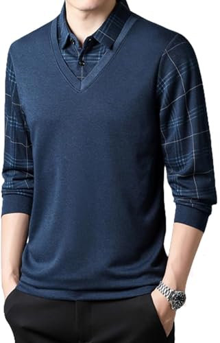 LinZong Fake Two Pieces Knitted Pullover Mens Fleece Thermal Sweater 1/4 Button Up V-Neck Lapel Plaid Jumper Shirt (3XL, Blue)