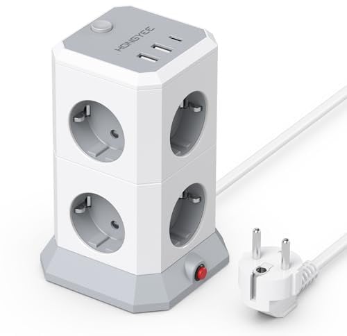 HONGYEE 8 Fach Mehrfachsteckdose mit USB C, Steckdosenleiste Überspannungsschutz mit 3 USB, Mehrfachstecker Steckdosenturm mit Schalter, 2m Kabel, 4000W/16A,Ideal für Haus, Büro und Spiel