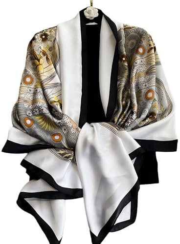 Silk scarf Women Shawl Yellow Scarf Stain Neckerchief Head Wrap Thin Scarf Ladies Beach Shawl Vintage Bridal Chiffon Scarf Muslim Colorful Cloth Christmas Decorations Scarf Belt (White-leaf)