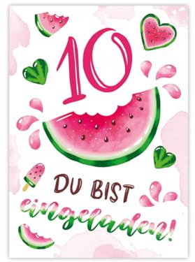 Minkocards 10 Einladungskarten zum 10. Kindergeburtstag Mädchen Wassermelone Einladung zehnte Geburtstag Mädchengeburtstag Geburtstagseinladungen