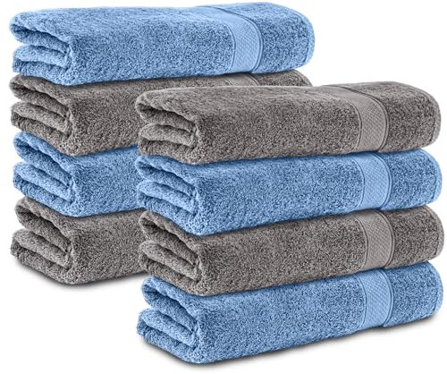 Komfortec 8er Handtücher 50x100 cm Set aus 100% Baumwolle, Frottee, Weich, Anthrazit Grau/Hellblau