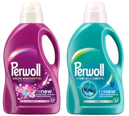 PERWOLL Flüssig-Set 2x 27 Waschladungen (54WL) Color Blütenrausch & Sport, Feinwaschmittel erneuert Farben und Fasern & Hygiene Waschmittel, entfernt schlechte Gerüche