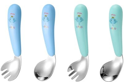 JOYOLA 4 Pièces Couverts pour Enfant, Ustensiles pour Bébé Cuillère et Fourchette Cuillère et Fourchette D'entraînement pour Bébé Cuillère d'exercice Courbéapprentissage pour la Maison et Les Voyages