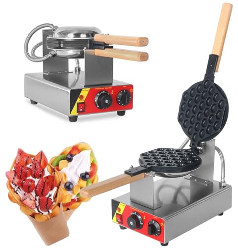 Naturalpowev Bubble Waffle Maker Commercial Egg Puff Waffle Maker Machine 1000W Non-stick Waffle Iron Maker Stainless Steel for Ice Cream Treat Desserts, 50-300℃/122-572℉ Adjustable
